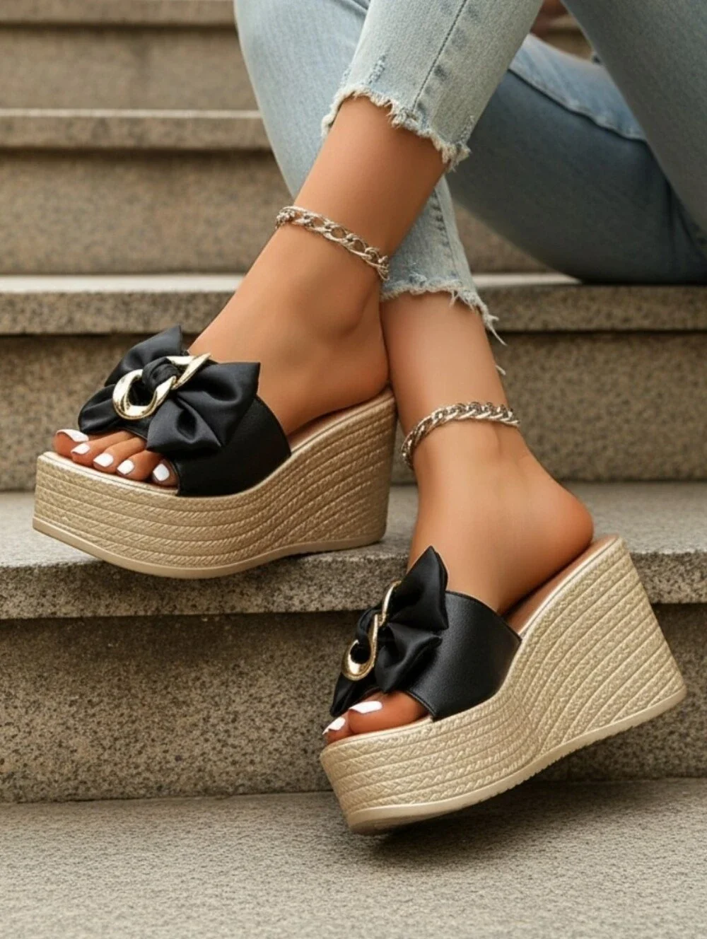 Gold Chain Oversized Bow Platform Open Toe Shoes Slip On Coquette Sandals Black